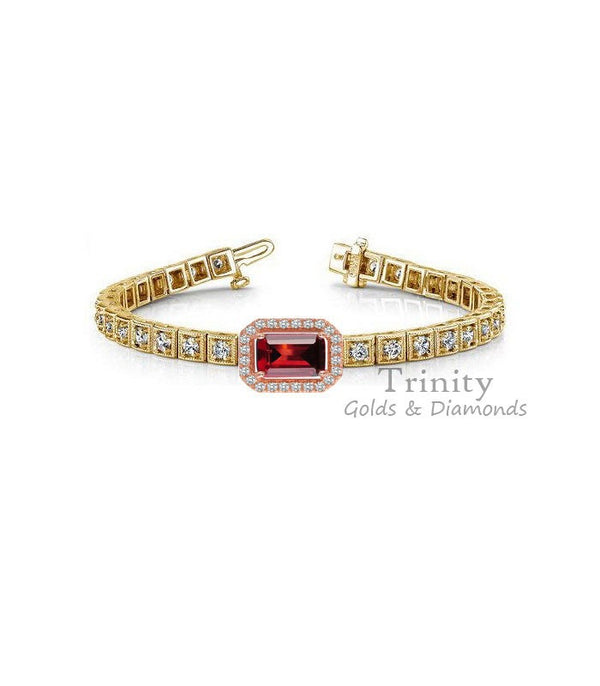 Art Deco Bracelet, Vintage Red Ruby Tennis Bracelet,  Box Bracelet, Square Diamond Bracelets, Gifts For Her, 14KT Gold Plated for women