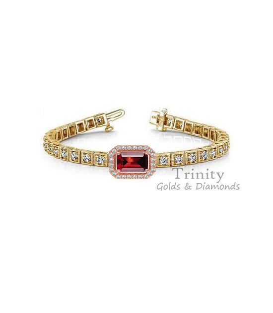 Art Deco Bracelet, Vintage Red Ruby Tennis Bracelet,  Box Bracelet, Square Diamond Bracelets, Gifts For Her, 14KT Gold Plated for women