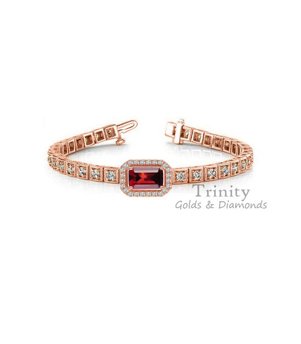 Art Deco Bracelet, Vintage Red Ruby Tennis Bracelet,  Box Bracelet, Square Diamond Bracelets, Gifts For Her, 14KT Gold Plated for women