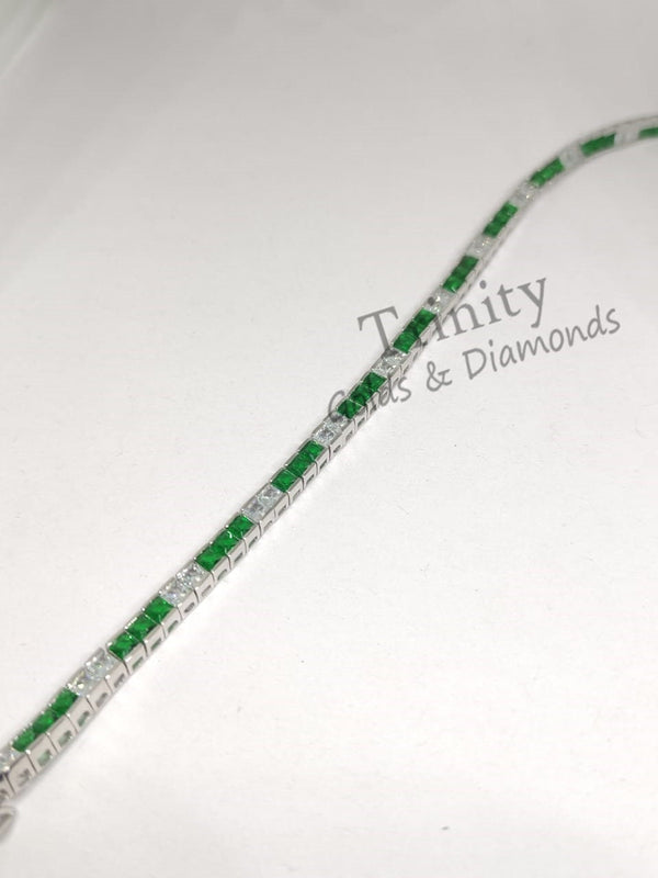 Princess Diamond Tennis Bracelet For Women • Estate Gemstone Bracelet for Her • Anniversary Gift • Green and White Gemstone Bracelet