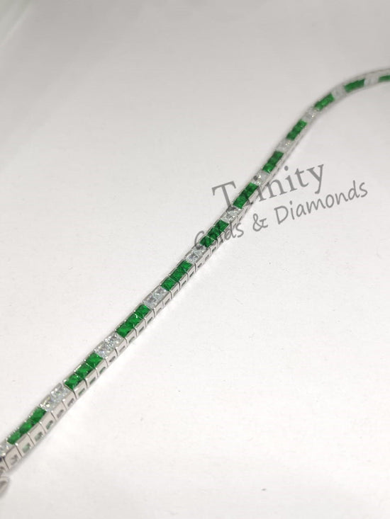 Princess Diamond Tennis Bracelet For Women • Estate Gemstone Bracelet for Her • Anniversary Gift • Green and White Gemstone Bracelet
