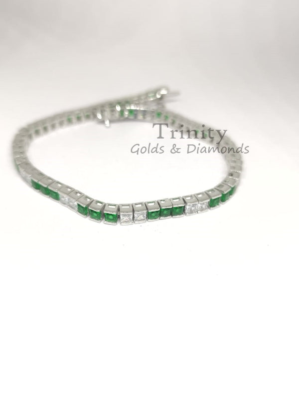 Princess Diamond Tennis Bracelet For Women • Estate Gemstone Bracelet for Her • Anniversary Gift • Green and White Gemstone Bracelet