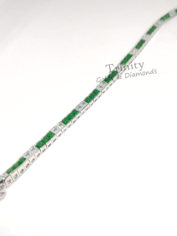 Princess Diamond Tennis Bracelet For Women • Estate Gemstone Bracelet for Her • Anniversary Gift • Green and White Gemstone Bracelet
