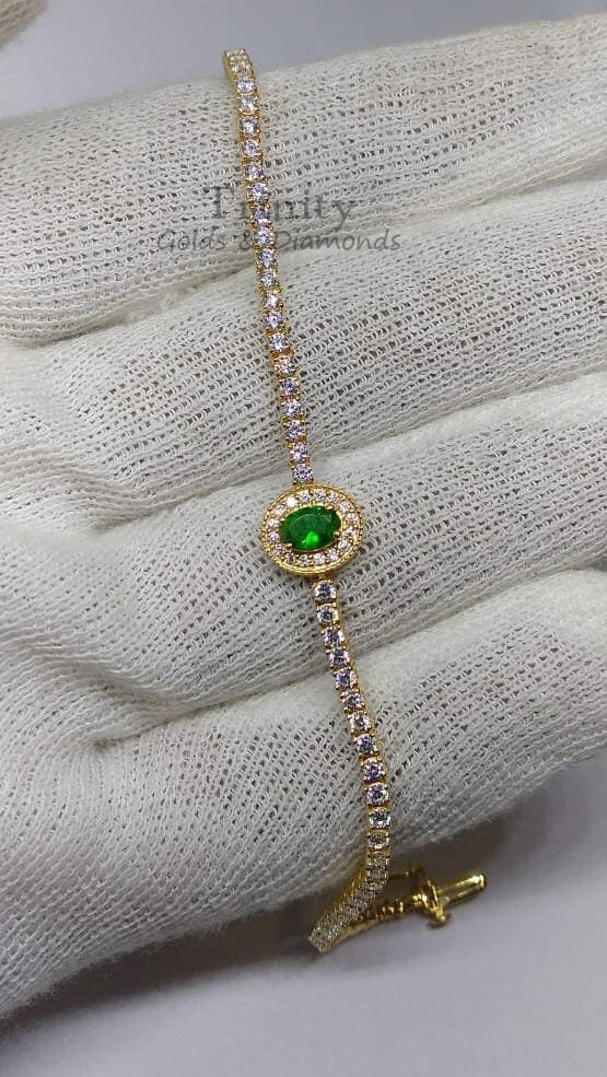 14k Yellow Gold Plated. Oval And Round Cut, Green Emerald And Diamond, Handmade Breacelet, Engagement Wedding Bracelet, Gift For Her