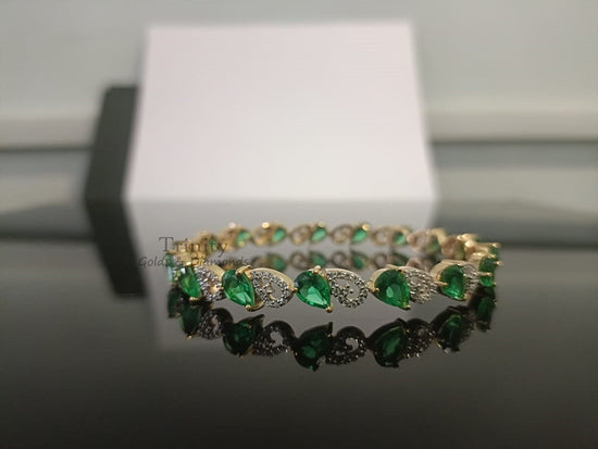Pear And Round Cut Bangle Bracelet, Emerald & Diamond Bangle Bracelet, Handmade Bracelet, 14k Yellow Gold Plated, Valentine Day Gift For Her