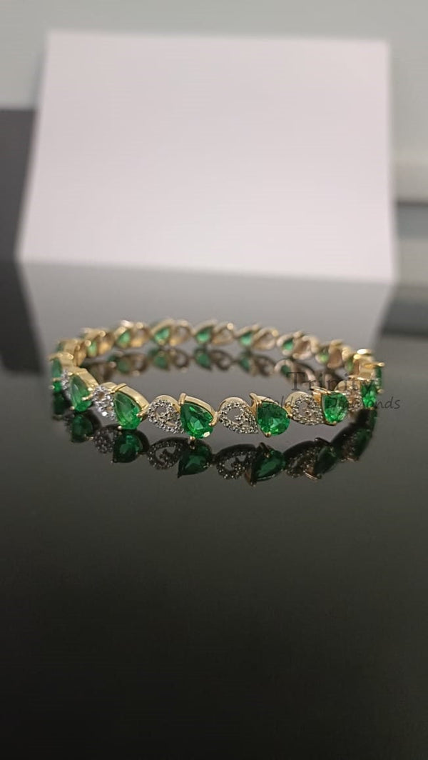 Pear And Round Cut Bangle Bracelet, Emerald & Diamond Bangle Bracelet, Handmade Bracelet, 14k Yellow Gold Plated, Valentine Day Gift For Her