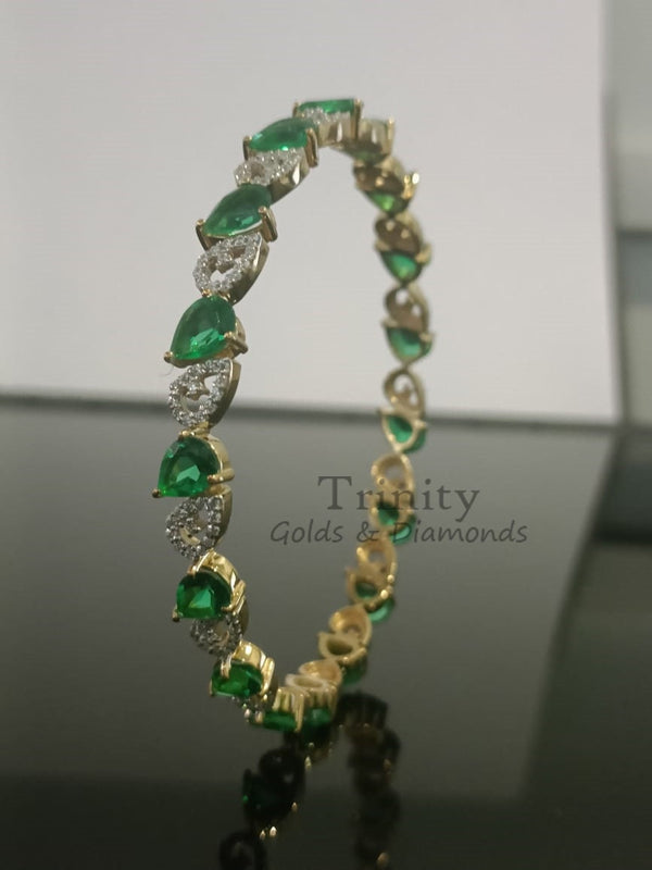 Pear And Round Cut Bangle Bracelet, Emerald & Diamond Bangle Bracelet, Handmade Bracelet, 14k Yellow Gold Plated, Valentine Day Gift For Her