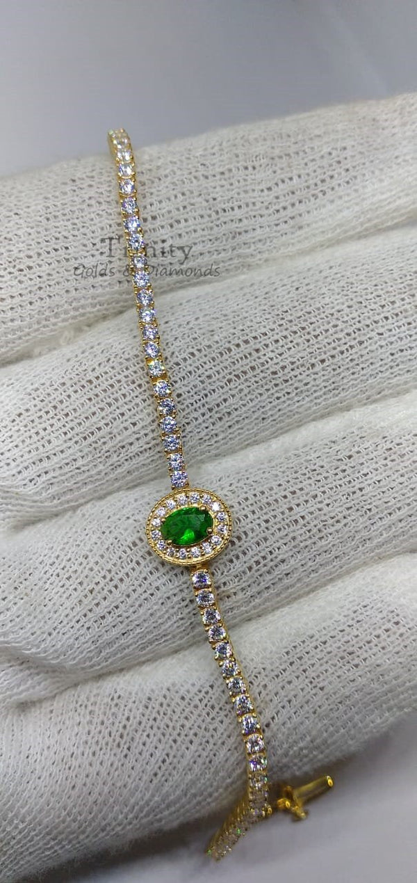 14k Yellow Gold Plated. Oval And Round Cut, Green Emerald And Diamond, Handmade Breacelet, Engagement Wedding Bracelet, Gift For Her