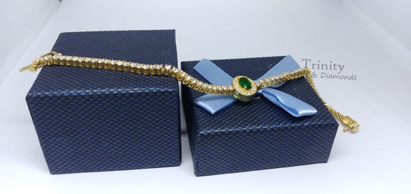 14k Yellow Gold Plated. Oval And Round Cut, Green Emerald And Diamond, Handmade Breacelet, Engagement Wedding Bracelet, Gift For Her