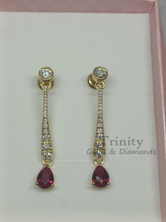 Ruby And Diamond Earring, Drop & Dangle Earring, 14k Yellow Gold Plated, Handmade Earring, 925 Sterling Silver, Valentine Day Gift Earrings