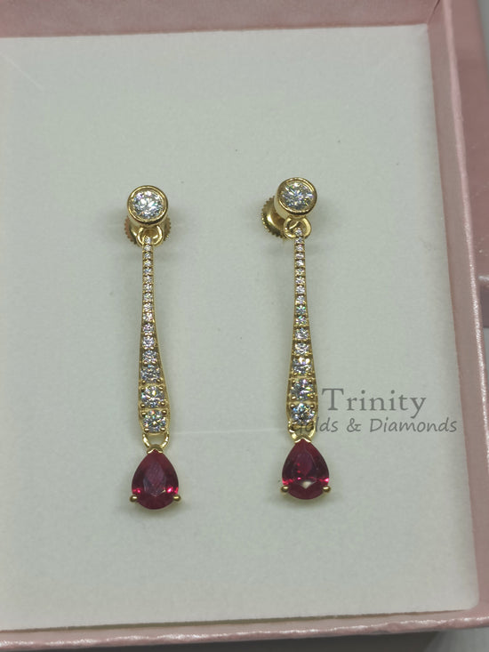 Ruby And Diamond Earring, Drop & Dangle Earring, 14k Yellow Gold Plated, Handmade Earring, 925 Sterling Silver, Valentine Day Gift Earrings