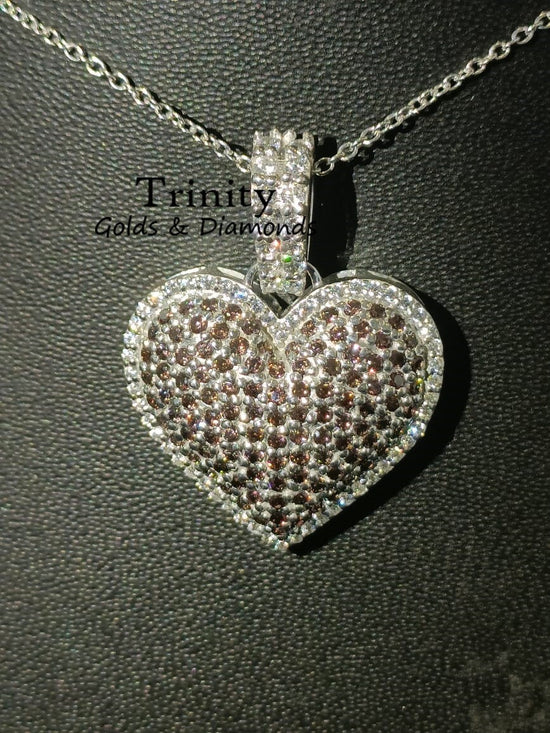 Brown Gemstone & Diamond Heart Pendant Necklace, 14KWhite Gold Plated, Big Heart Pendant, Brown Gemstone Handmade Pendant, Gift For Her