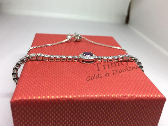 14k White Gold Plated. Oval And Round Cut, Blue Sapphire And Diamond, Handmade Breacelet, Engagement Wedding Bracelet, Mother&