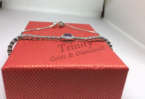 14k White Gold Plated. Oval And Round Cut, Blue Sapphire And Diamond, Handmade Breacelet, Engagement Wedding Bracelet, Mother's Day Gift