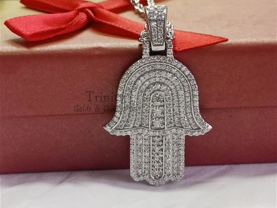 925 Sterling Silver Moissanite Pave Hamsa Hand Pendant Passes Diamond Tester, Moissanite hamsa (pendant only) 925 silver, Mother&