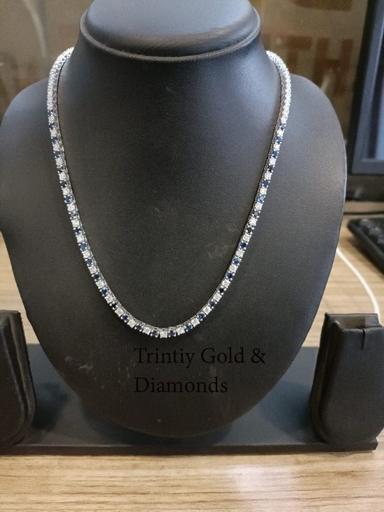 Tennis Necklace • Blue Sapphire and White Moissanite Round Diamond Tennis Necklace for Women • Size-18 Inch • Anniversary Choker Necklace •