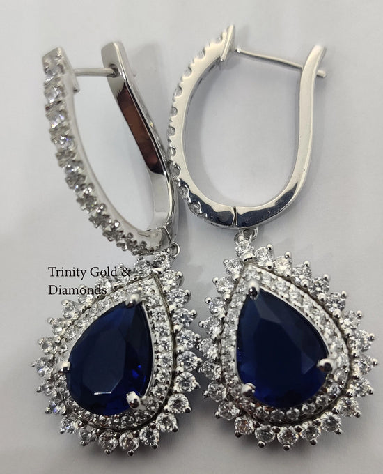 Big Pear Shape Dangle Earring, Natural Gemstone & White Moissanite Diamond Dangle Drop Earring for Women, Double Halo Classic Dangle Earring