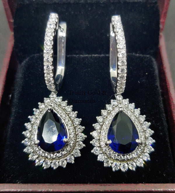 Big Pear Shape Dangle Earring, Natural Gemstone & White Moissanite Diamond Dangle Drop Earring for Women, Double Halo Classic Dangle Earring