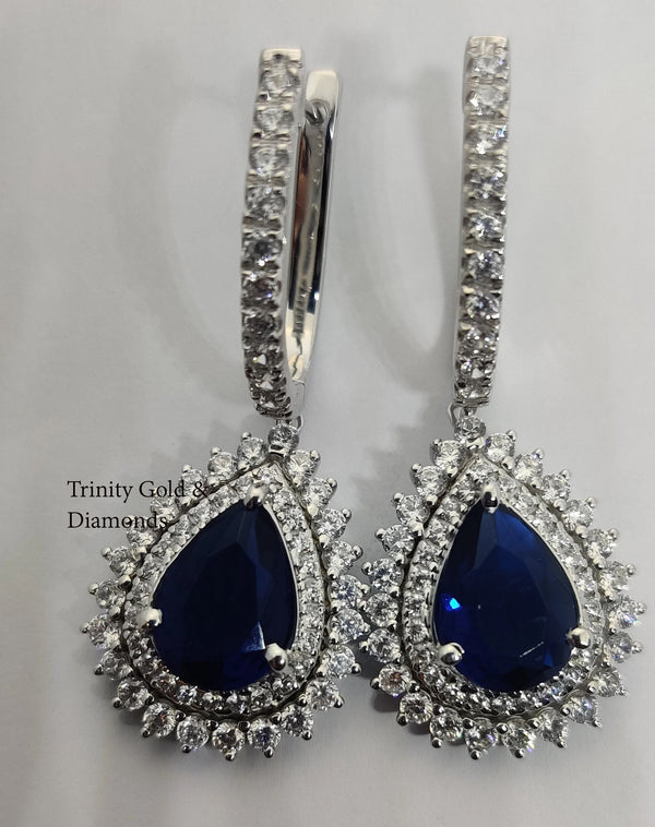 Big Pear Shape Dangle Earring, Natural Gemstone & White Moissanite Diamond Dangle Drop Earring for Women, Double Halo Classic Dangle Earring