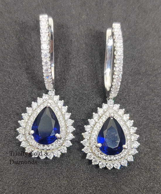 Big Pear Shape Dangle Earring, Natural Gemstone & White Moissanite Diamond Dangle Drop Earring for Women, Double Halo Classic Dangle Earring