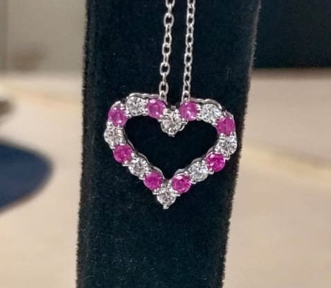 Pink Gemstone Heart Pendant, White Moissanite And Natural Pink Gemstone Heart Pendant with Cable chain, Perfect Gift for Women