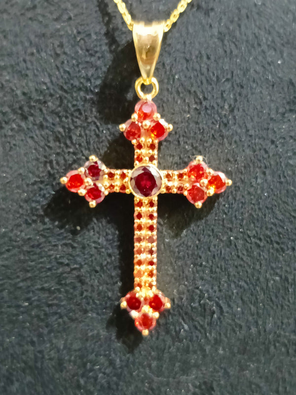 Red Garnet Cross Pendant Necklace For Men And Women, Gemstone Cross Pendant In Sterling Silver With 14kt Yellow Gold Finish, Cross Pendant