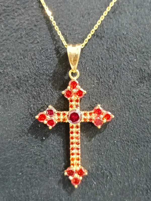 Red Garnet Cross Pendant Necklace For Men And Women, Gemstone Cross Pendant In Sterling Silver With 14kt Yellow Gold Finish, Cross Pendant