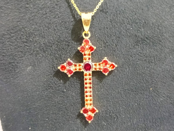Red Garnet Cross Pendant Necklace For Men And Women, Gemstone Cross Pendant In Sterling Silver With 14kt Yellow Gold Finish, Cross Pendant