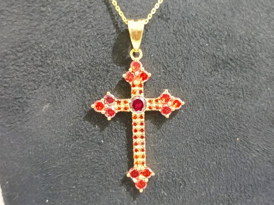 Red Garnet Cross Pendant Necklace For Men And Women, Gemstone Cross Pendant In Sterling Silver With 14kt Yellow Gold Finish, Cross Pendant