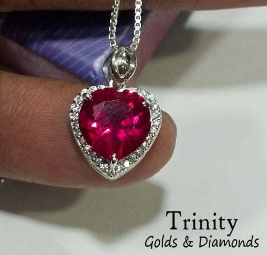 RUBY HEART PENDANT• 10MM Ruby And Moissanite Diamond Heart Pendant Necklace • Anniversary Gift for Her Gemstone Birthstone Heart