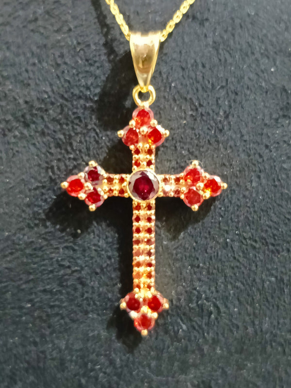 Red Garnet Cross Pendant Necklace For Men And Women, Gemstone Cross Pendant In Sterling Silver With 14kt Yellow Gold Finish, Cross Pendant