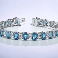 Tennis Bracelet For Women • Blue Sapphire Oval Gemstone Sapphire & Moissanite Diamond Tennis Bracelet For Her • Anniversary Gift for Women