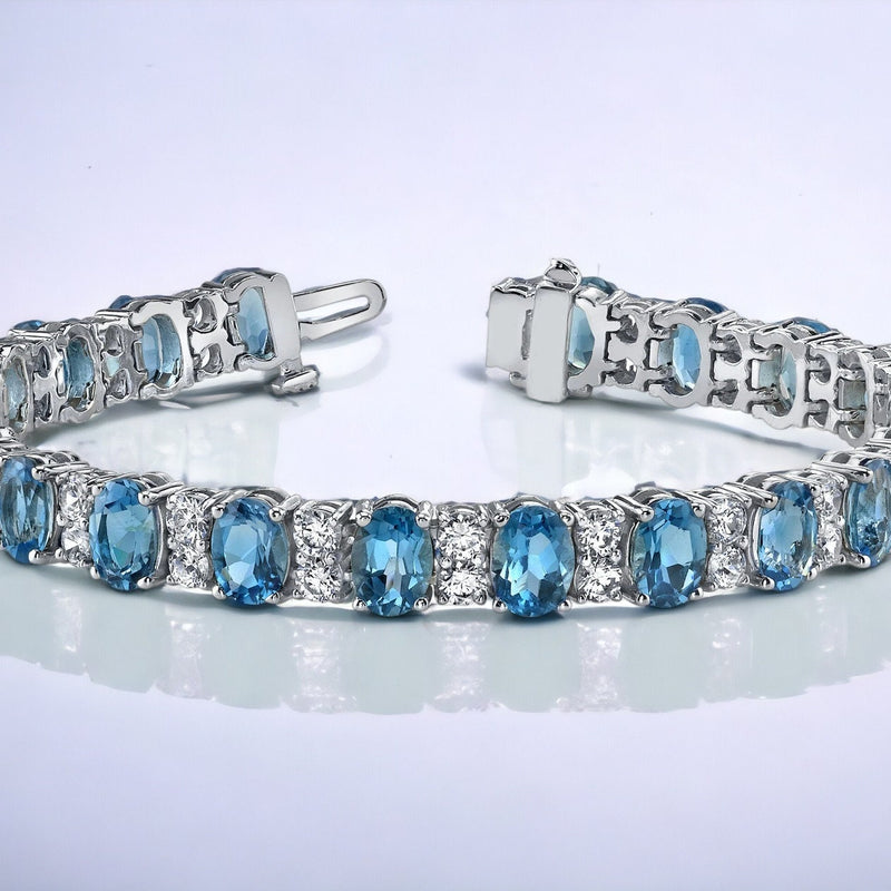 Tennis Bracelet For Women • Blue Sapphire Oval Gemstone Sapphire & Moissanite Diamond Tennis Bracelet For Her • Anniversary Gift for Women