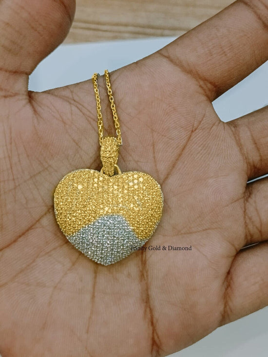 38mm Big Heart Pendant Necklace • White Moissanite & Created Yellow Diamonds Heart Pendant • Pave Heart Necklace • Silver Heart Pendant