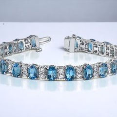 Tennis Bracelet For Women • Blue Sapphire Oval Gemstone Sapphire & Moissanite Diamond Tennis Bracelet For Her • Anniversary Gift for Women