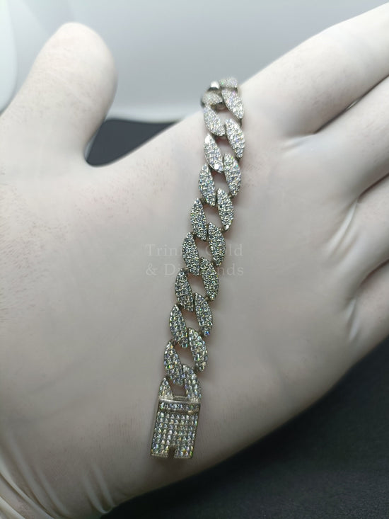 MOISSANITE CUBAN BRACELET ,Silver Bracelet Cuban Link Chain - Round Diamond Prong Set 10.80mm width 925 Sterling Silver Bracelet