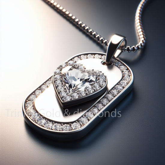 Moissanite Heart Dog Tag Pendant, Personalized Pave Heart Diamond Dog Tag Pendant for Women, Perfect Gift for Valentine, Mother&