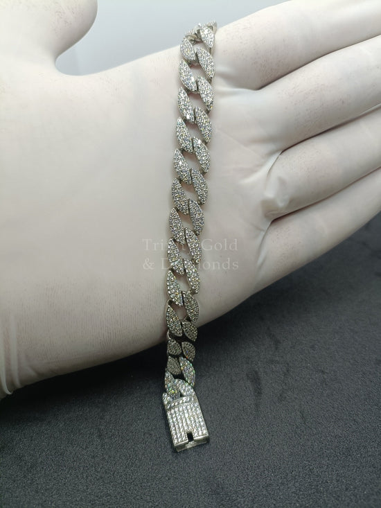 MOISSANITE CUBAN BRACELET ,Silver Bracelet Cuban Link Chain - Round Diamond Prong Set 10.80mm width 925 Sterling Silver Bracelet