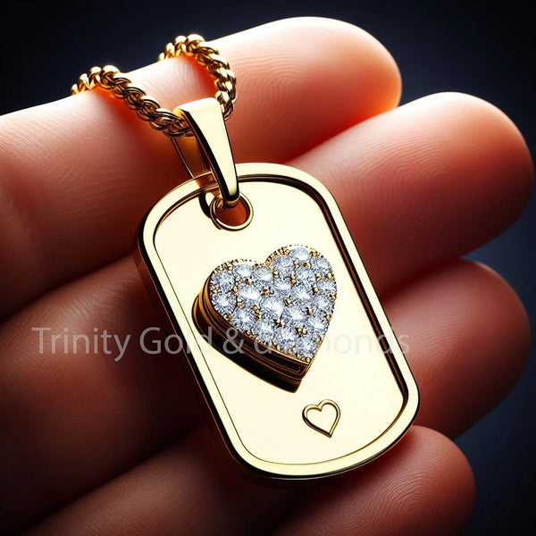 Moissanite Heart Dog Tag Pendant For Him and Her, Pave Heart Diamond Dog Tag Pendant for Women, Perfect Gift