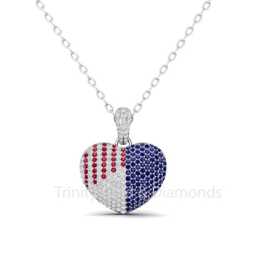 38mm Big Heart Pendant Necklace • Natural Gemstone Heart Pendant • 4.20CT Pave Diamond Heart • American Flag Pendant • Colorful Flag Pendant