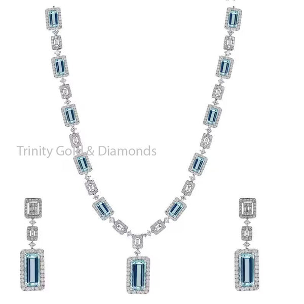 Emerald Cut Aquamarine Necklace Set • Moissanite Diamond Necklace in 925 Sterling Silver • Birthstone Necklace • Perfect Gift for Mom