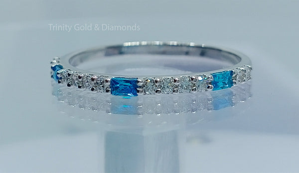 Wedding Band For Women, Moissanite Wedding Band With Blue Sapphire Buggette for Women, Stackable Ring for Women, Perfect Daily Wear Jewelry