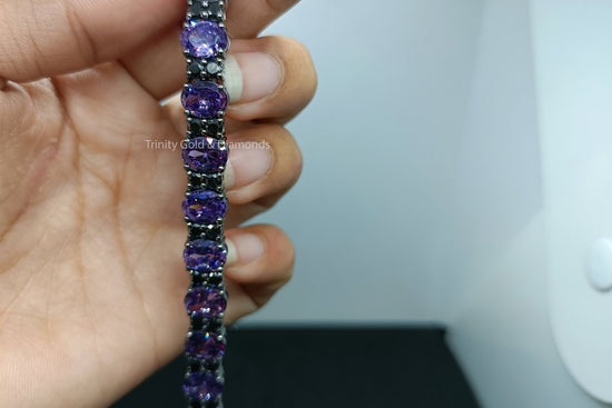Black Moissanite And Amethyst Oval Diamond Tennis Bracelet For Women, 925 Sterling Silver With Black Rhodium Perfect Mothers Day Gift