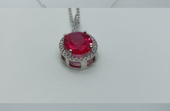 Ruby Oval Halo Pendant Necklace For Women With Cable chain Perfect Gift for Women, Gift For Women 14KT White Gold Plated