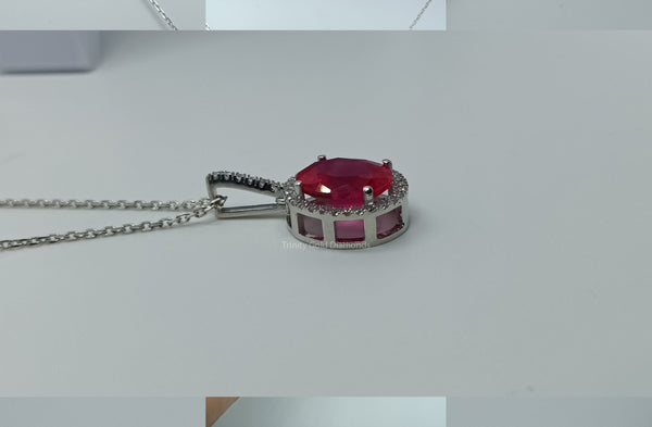 Ruby Oval Halo Pendant Necklace For Women With Cable chain Perfect Gift for Women, Gift For Women 14KT White Gold Plated