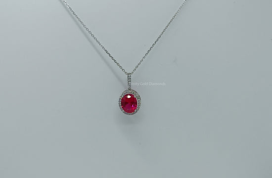 Ruby Oval Halo Pendant Necklace For Women With Cable chain Perfect Gift for Women, Gift For Women 14KT White Gold Plated