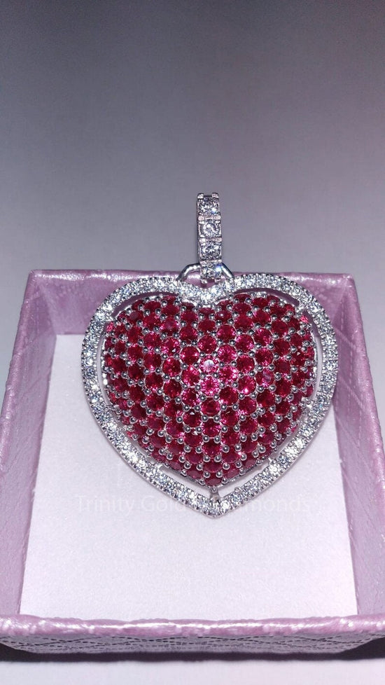 Ruby Heart Pendant, Moissanite & Ruby Heart Pendant, Big Heart Pendant, 14KT White Gold plated Big  Pendant for Women, Multi-stone Heart
