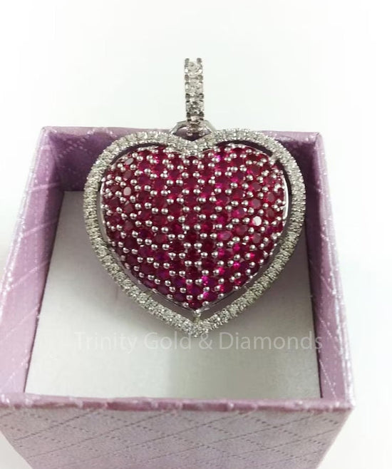 Ruby Heart Pendant, Moissanite & Ruby Heart Pendant, Big Heart Pendant, 14KT White Gold plated Big  Pendant for Women, Multi-stone Heart
