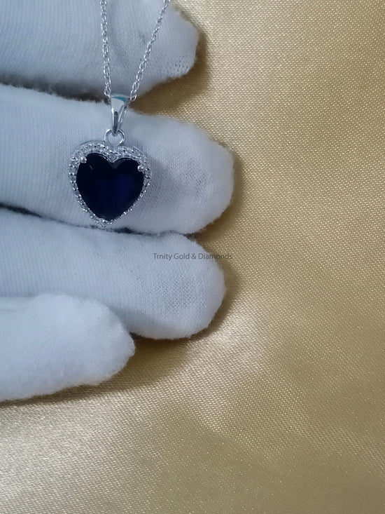 Sapphire Heart Pendant • Moissanite & Sapphire Heart Pendant, Classic Heart Pendant, 14KT White Gold plated • Valentines Day Gift For Her