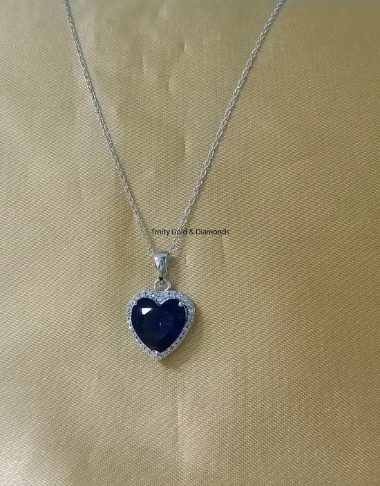 Sapphire Heart Pendant • Moissanite & Sapphire Heart Pendant, Classic Heart Pendant, 14KT White Gold plated • Valentines Day Gift For Her